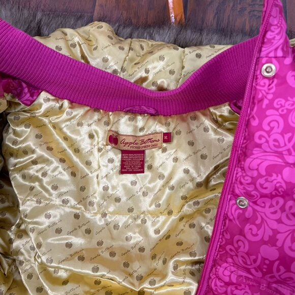 Vintage APPLE BOTTOMS pink gold fur lined hood jacket XL tie grommets puffer - Picture 9 of 10